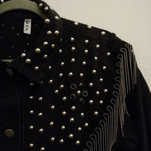 Denim Jacket Fully Studded Chain Fringe Mrs Easterling Black pockets Button down - Picture 3 of 16